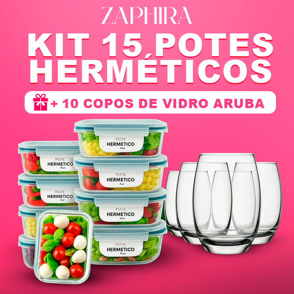 Kit 15 Potes Herméticos de Vidro + 10 Copos de Vidro Aruba de Brinde
