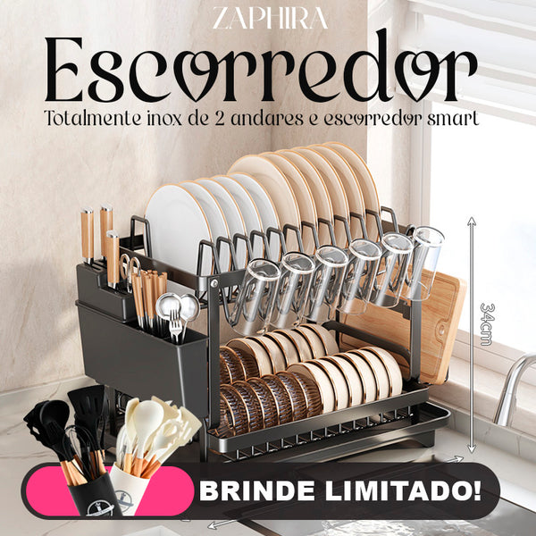 Escorredor em Aço Inox Multifuncional com Alças Dobráveis e e Base Antiderrapante +BRINDE: Kit Utensílios de Cozinha